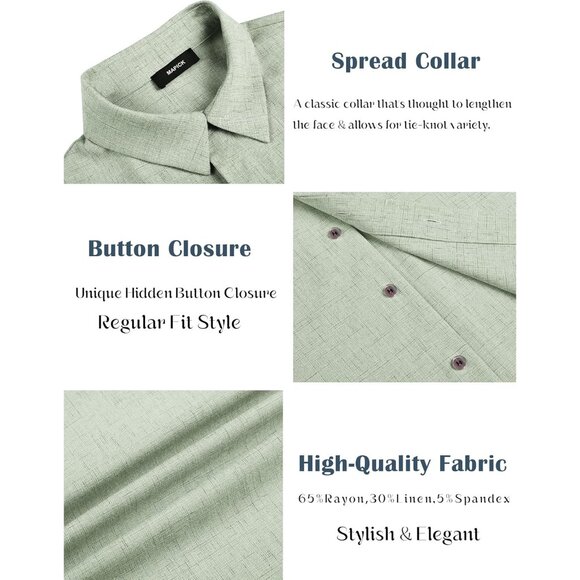 Men's  A-sage Green Linen Short Sleeve Button Down Casual Shirt Business Dress - Picture 5 of 6